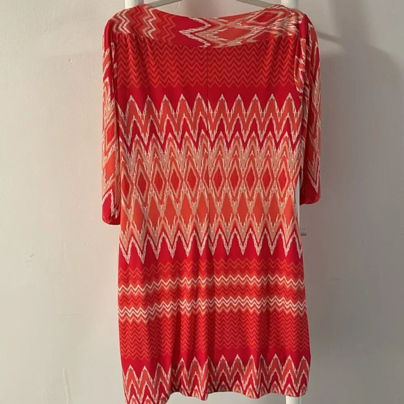 Donna Morgan white/shades of orange ikat print boatneck stretch pullover midi 12 - Picture 3 of 4